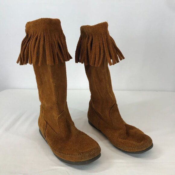 MINNETONKA ~ WOMENS 7 ~ TAN LEATHER SUEDE MOCCASIN BOOTS - Picture 2 of 9